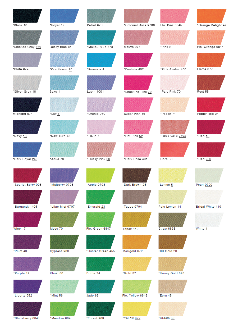 Color swatch chart with various color names and codes