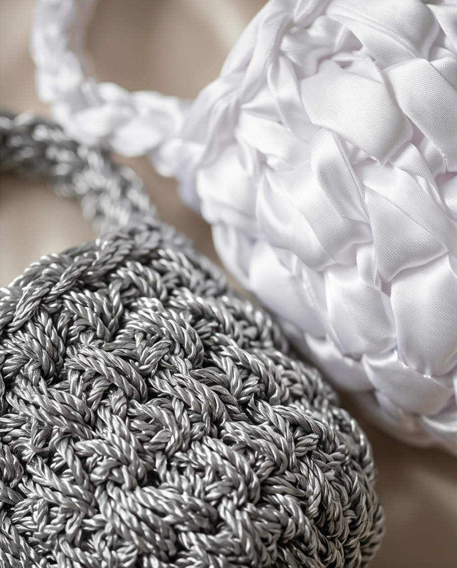 Close-up of SILVER ROPE BAG and white SATIN BAG on a neutral background