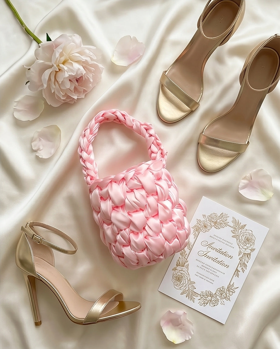 Dark Rose SATIN CROCHET BAG with gold high-heeled shoes and a floral invitation on a white fabric background.