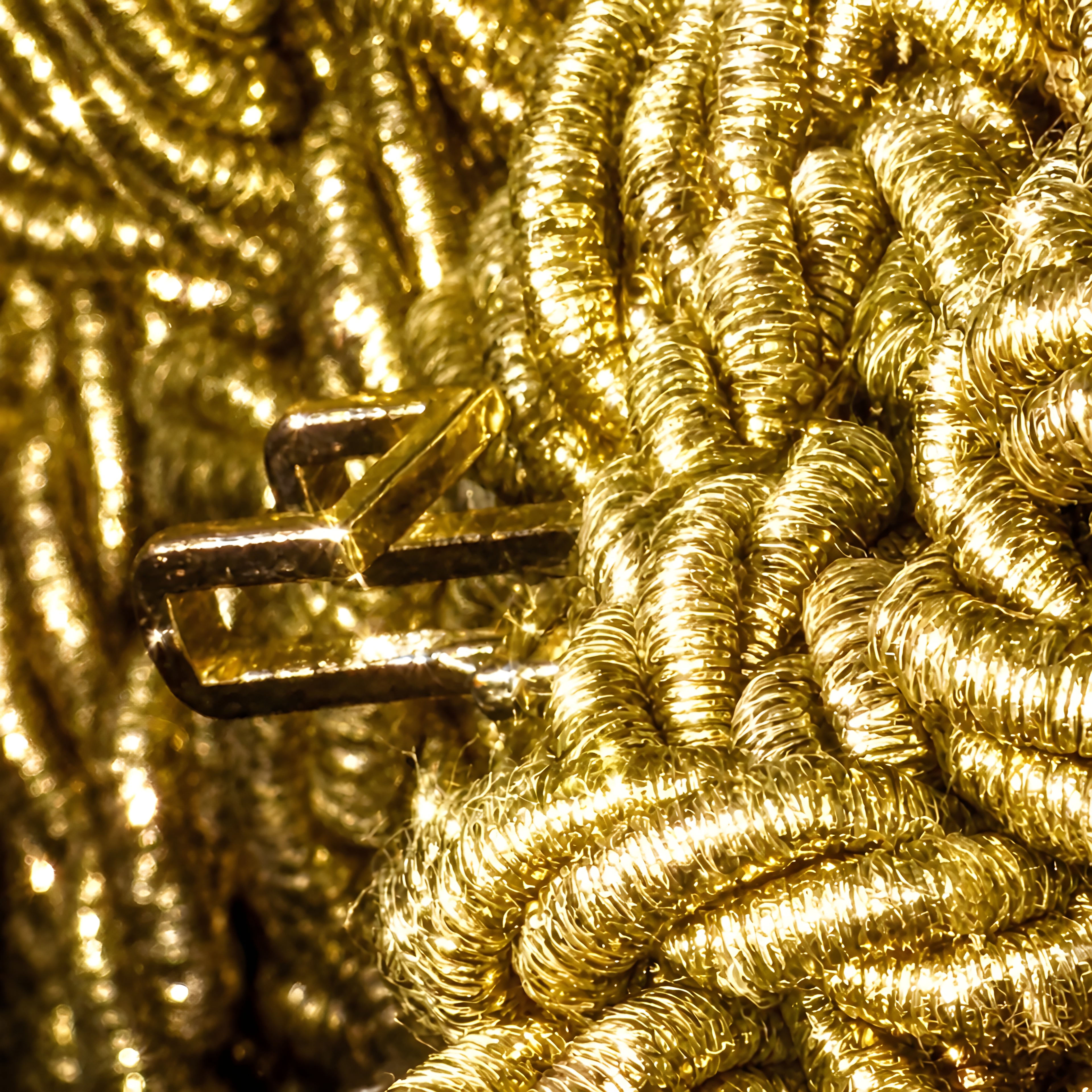 Close-up of a gold rope with a metal clasp