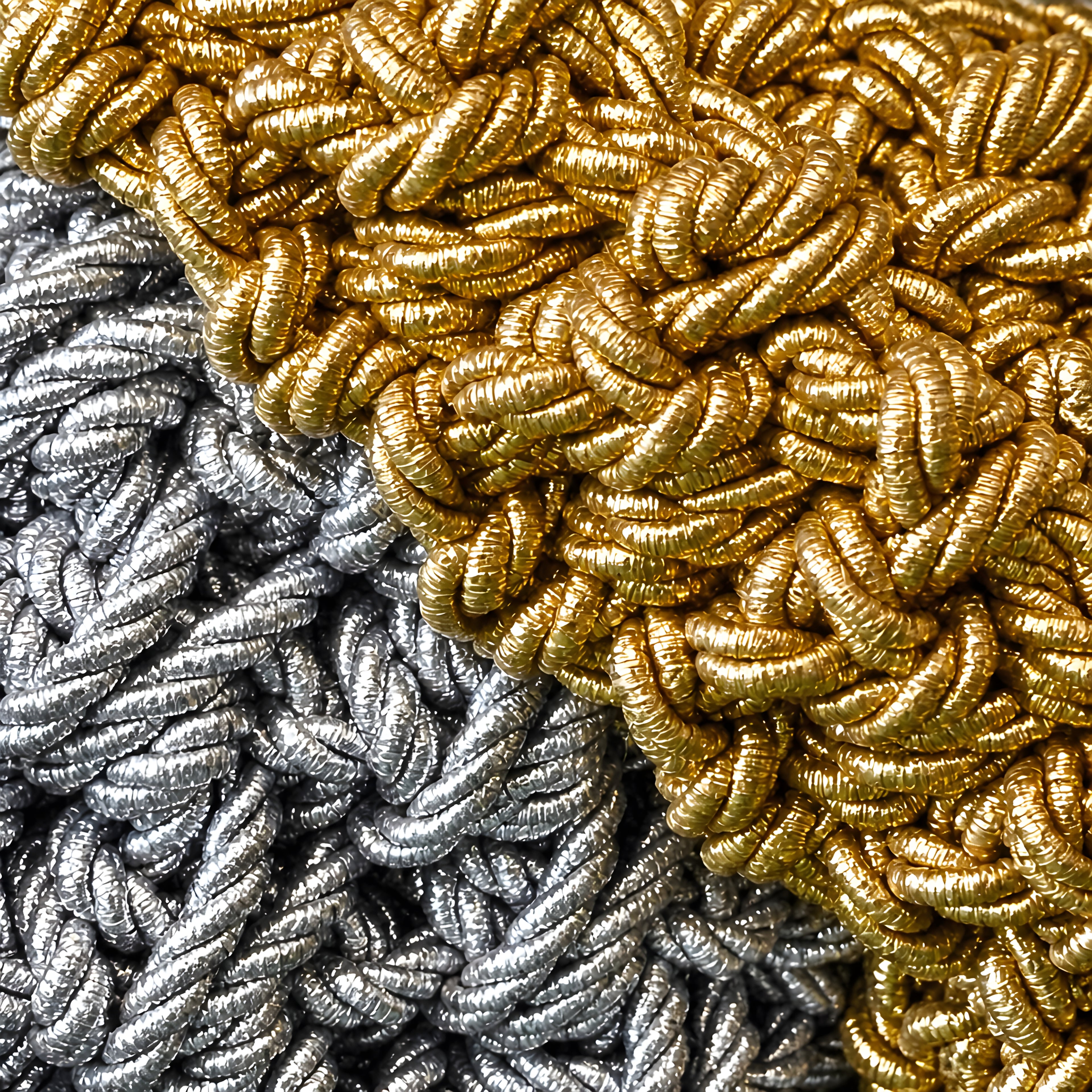 Close-up of braided gold and silver ropes.