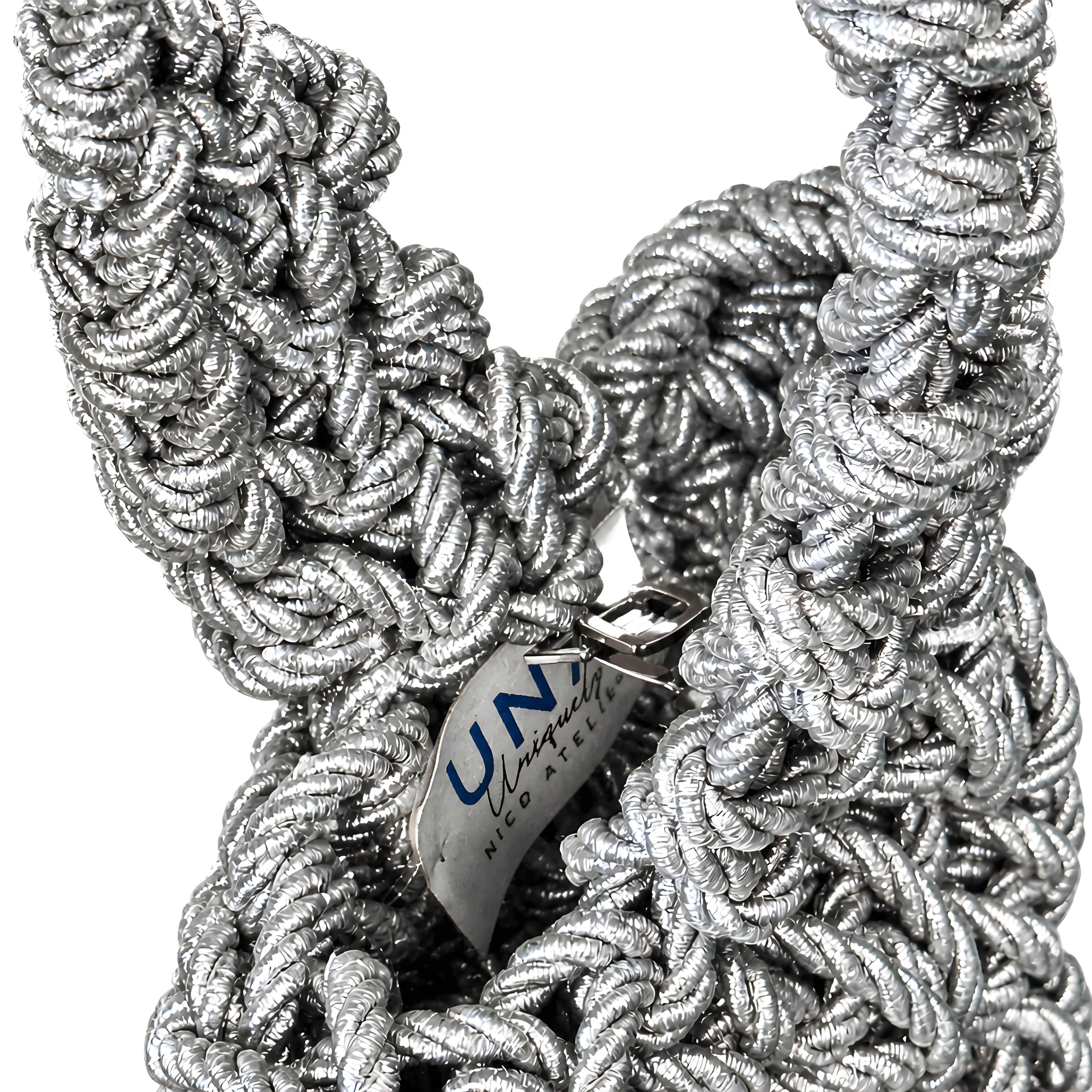 Silver rope BAG with a brand tag on a white background