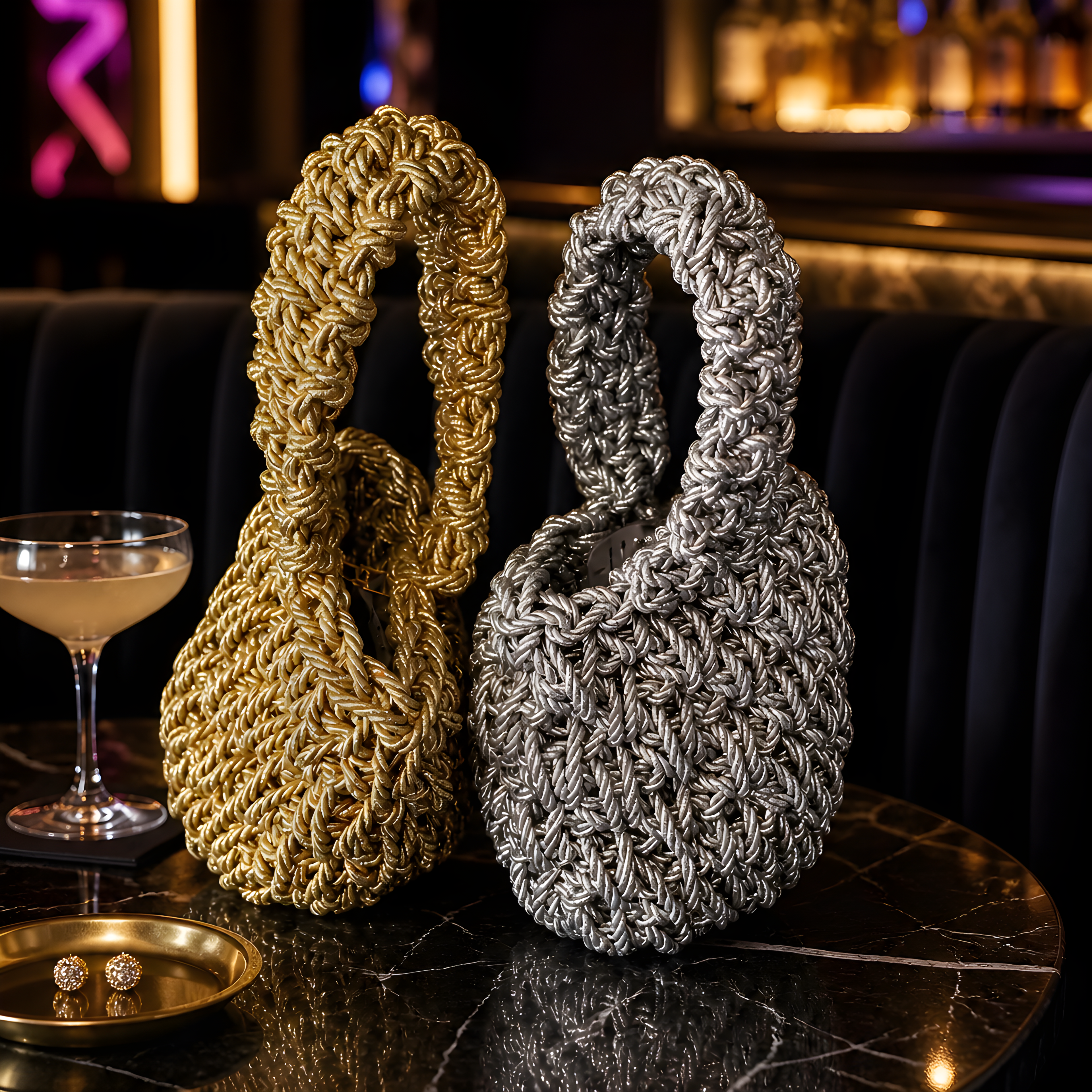 Two braided handbags, one gold and one silver, on a dark marble surface with a cocktail and small dish in the background.