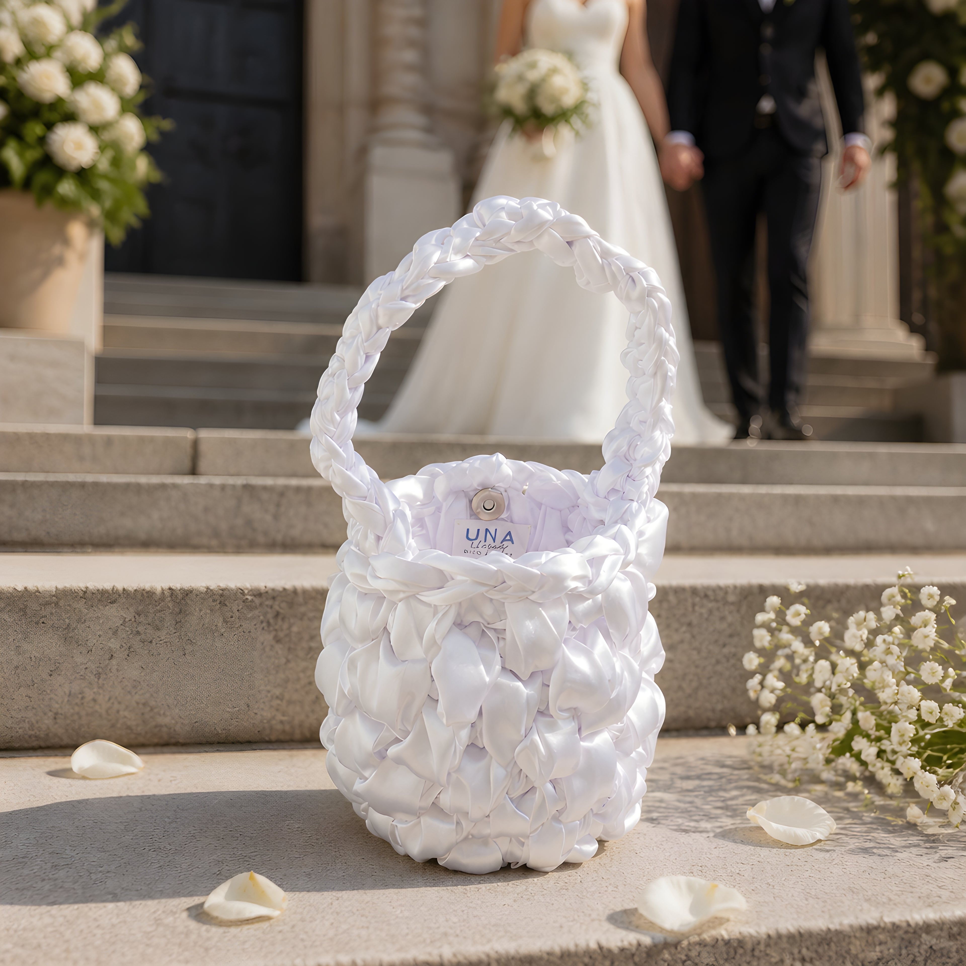 White BRIDAL CROCHET BAG With 'UNA' branding on steps with a blurred wedding couple in the background.