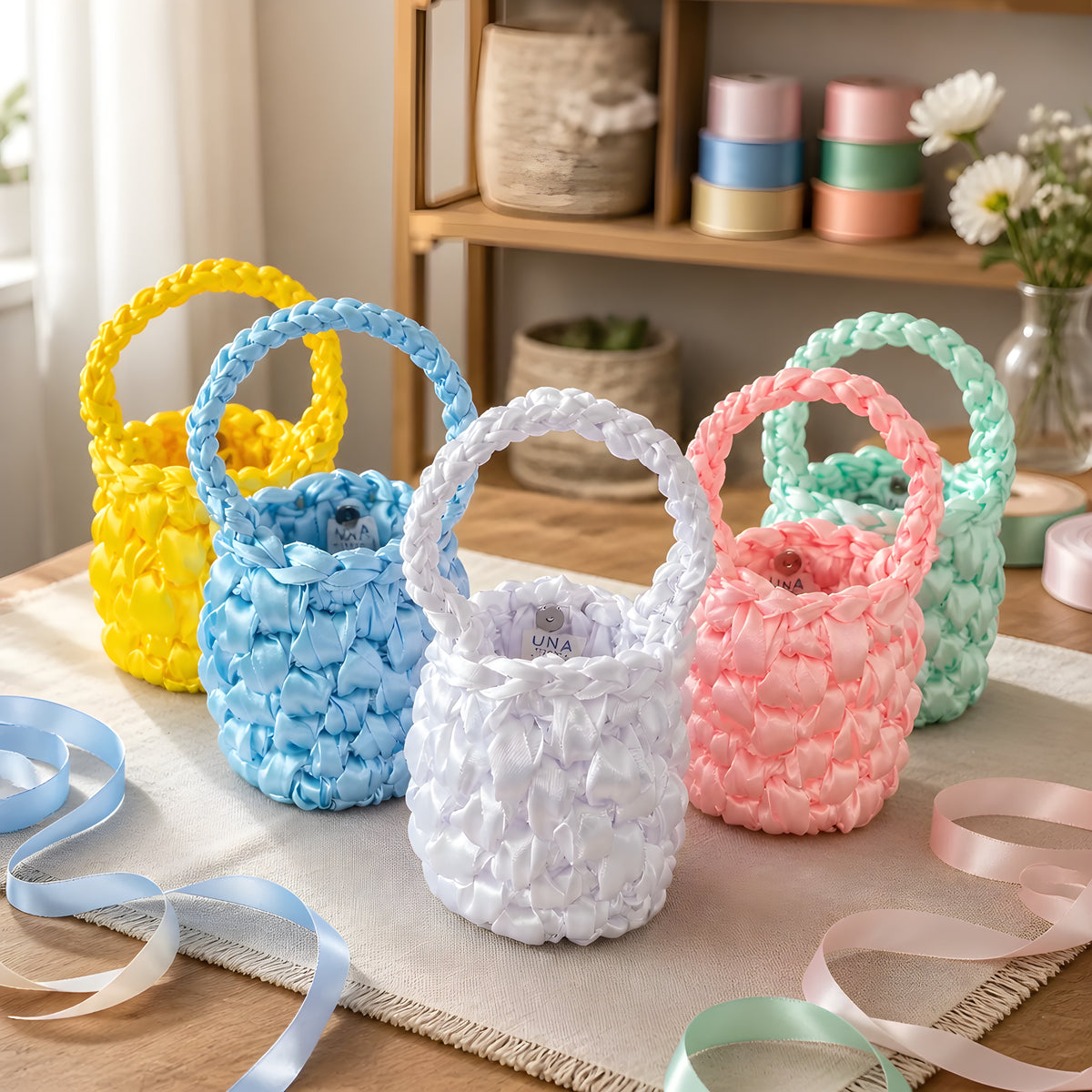 Colourful sain crochet handbags on a table with ribbons and a shelf in the background