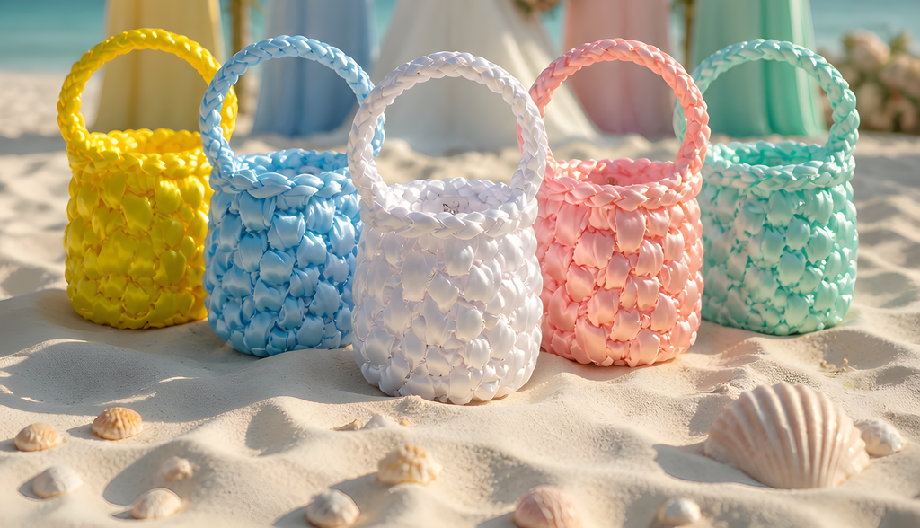 Five colorful SATIN CROCHET BAGs on a sandy surface with shells around them.
