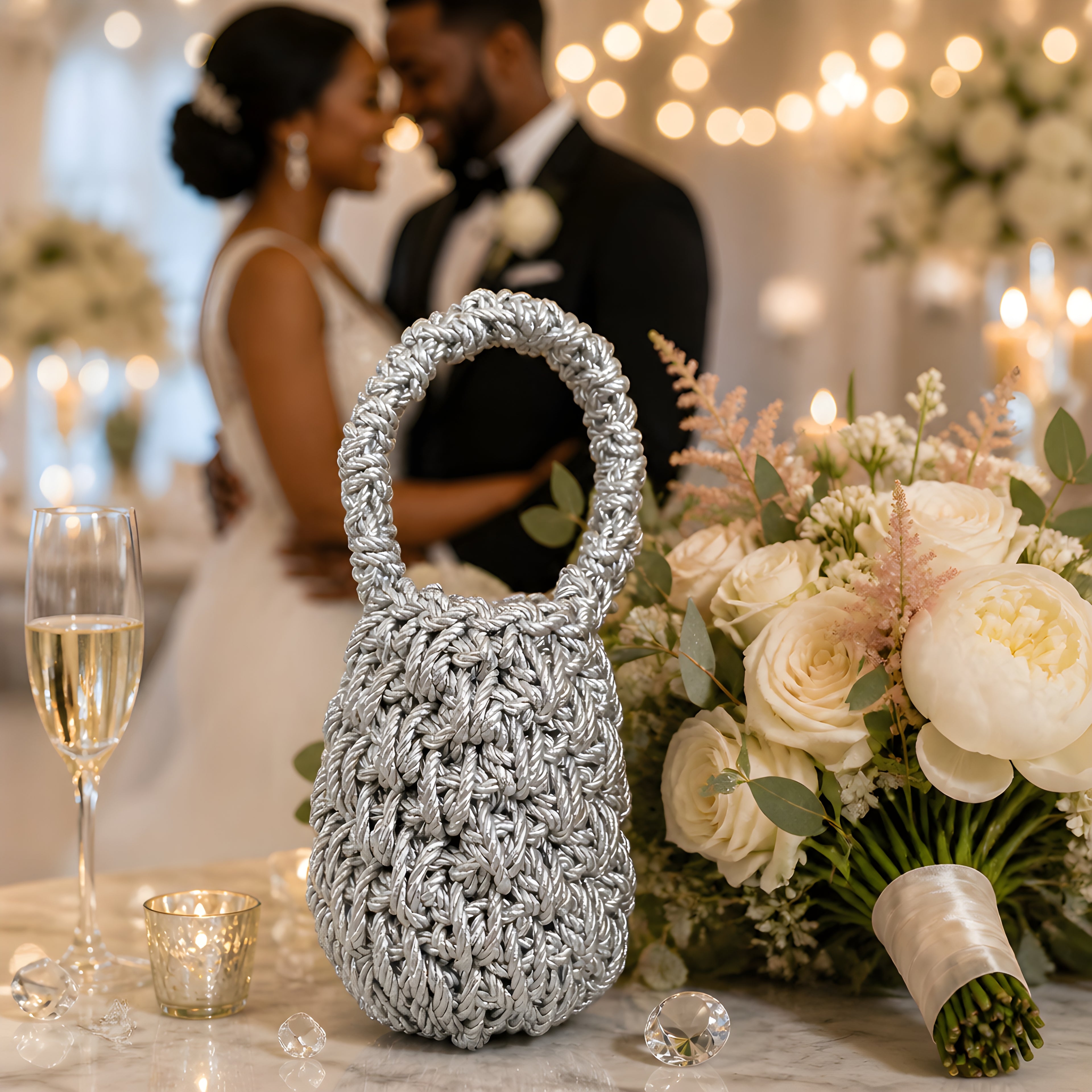 Silver woven BAG on a table with a couple in the background, surrounded by flowers and a glass of champagne.