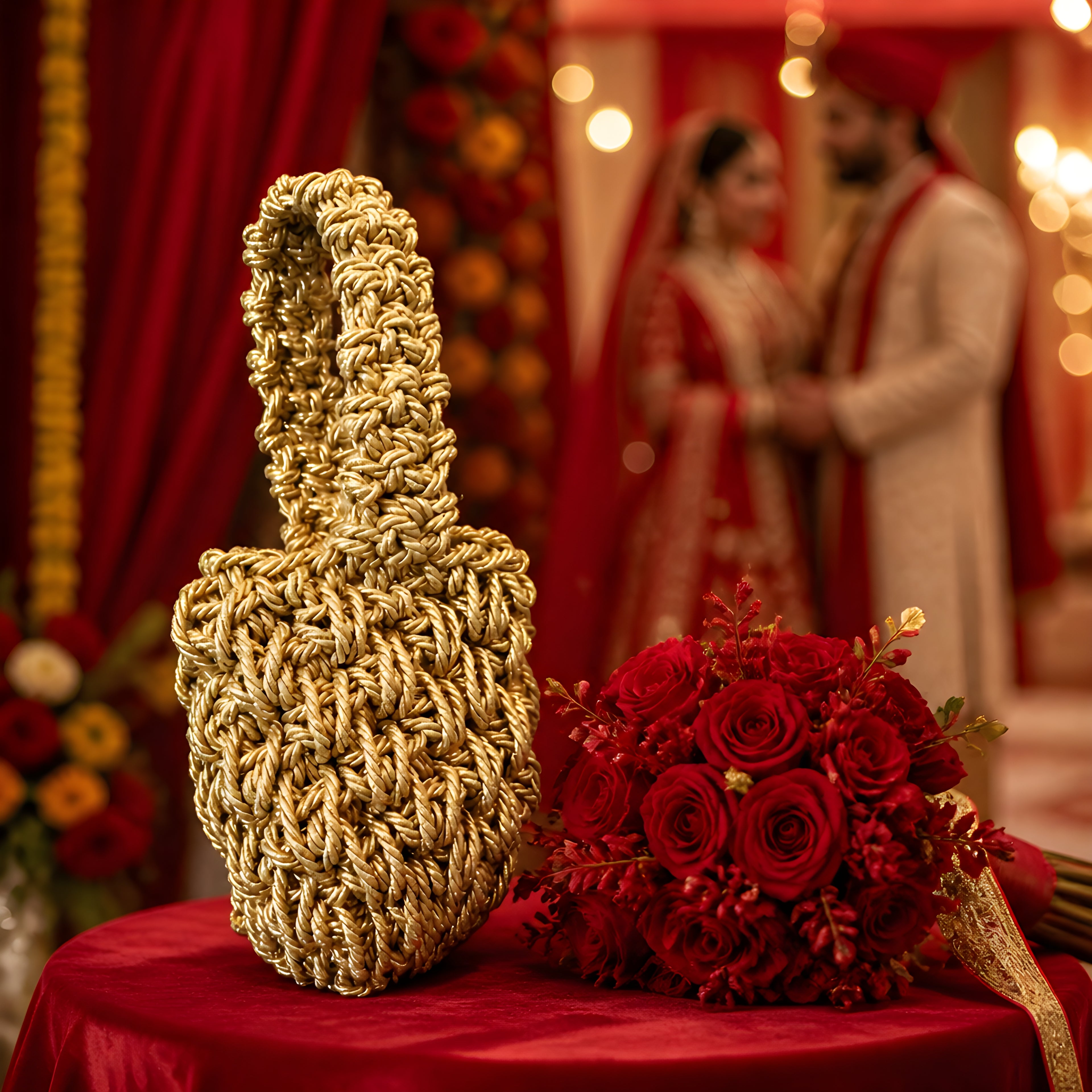 Decorative gold woven handbag and red rose bouquet on a table with a blurred couple in traditional attire in the background.