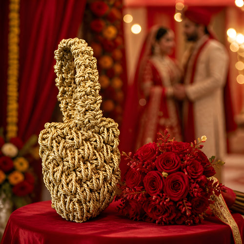 Decorative gold woven handbag and red rose bouquet on a table with a blurred couple in traditional attire in the background.