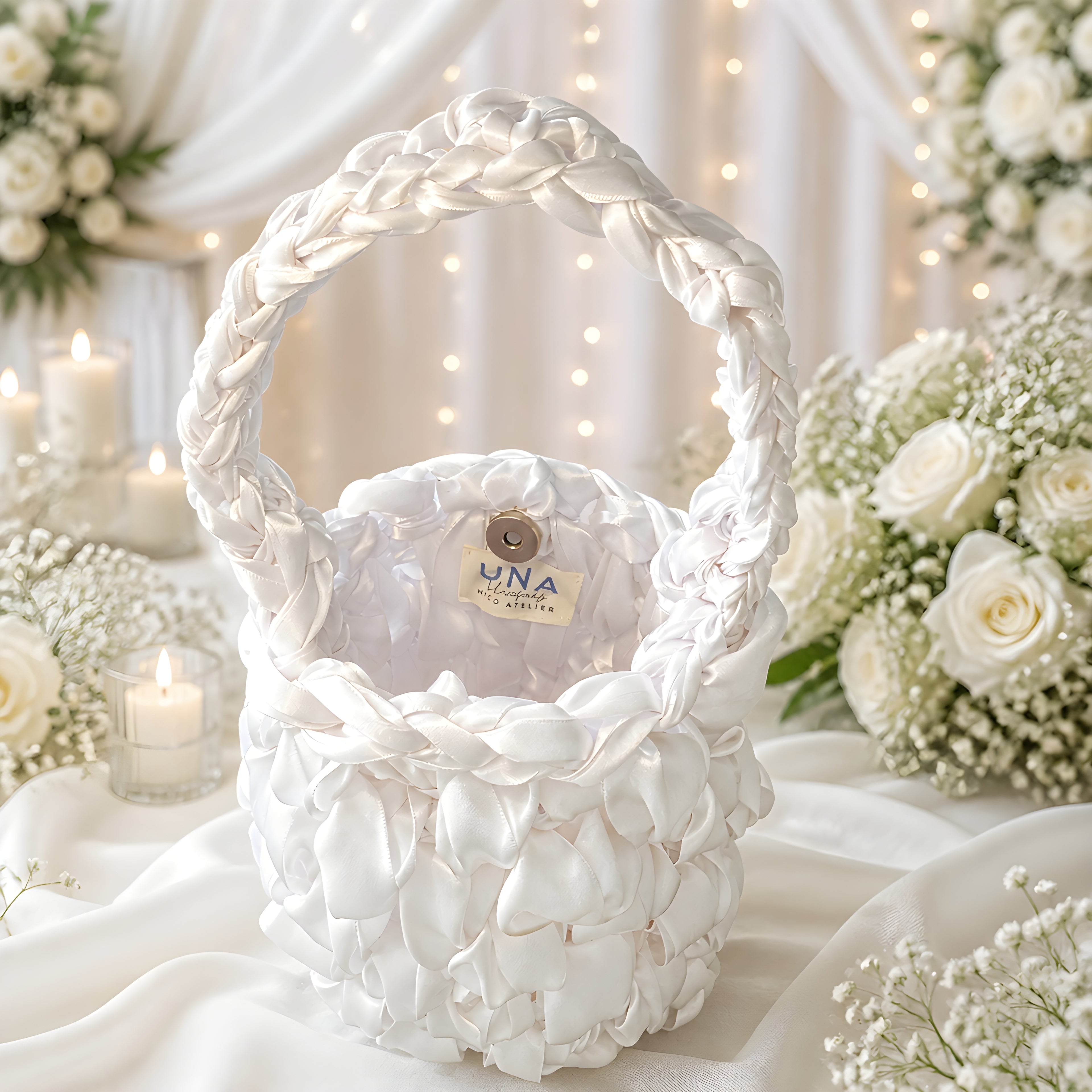 White SATIN CROCHET BAG with a visible brand label on a decorative background with flowers and candles.