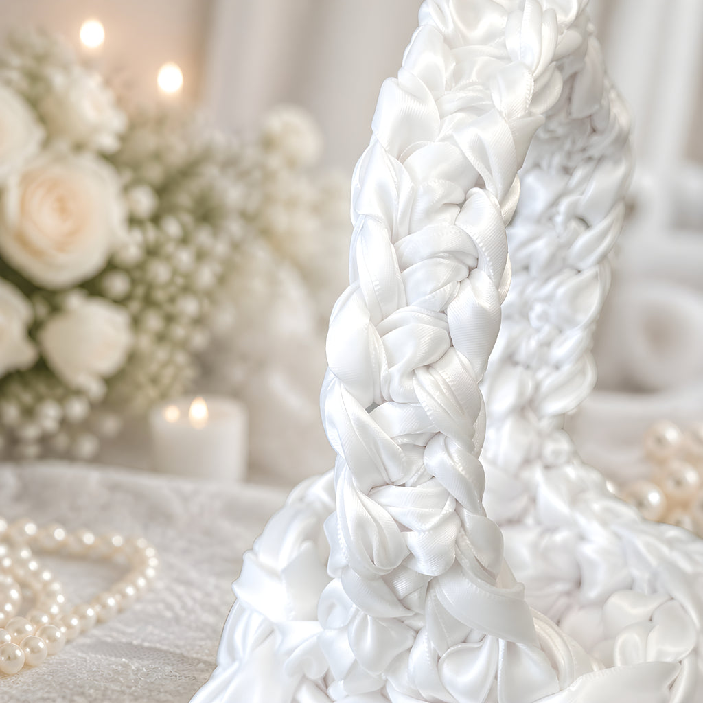 Close-up of a white SATIN CROCHET BAG  with blurred flowers and pearls in the background