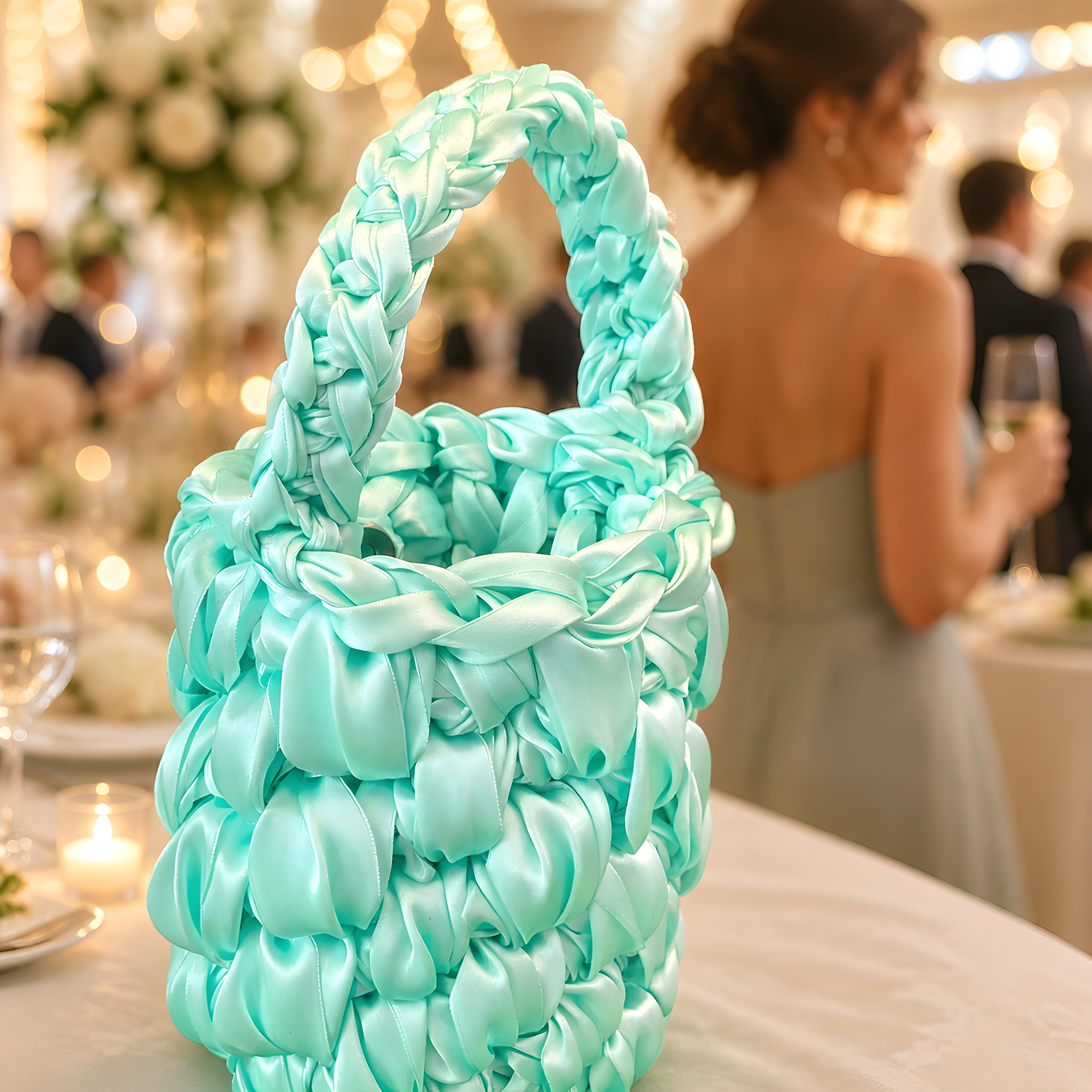 Mint Green SATIN CROCHET BAG on a table with blurred people in the background