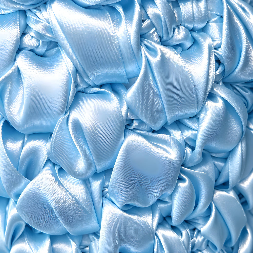 Close-up of cornflower blue satin CROCHet ribbon
