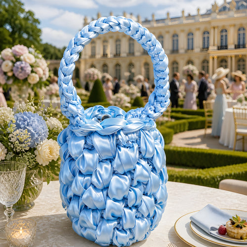 cornflower Blue SATIN CROCHET BAG on a table with a formal event in the background