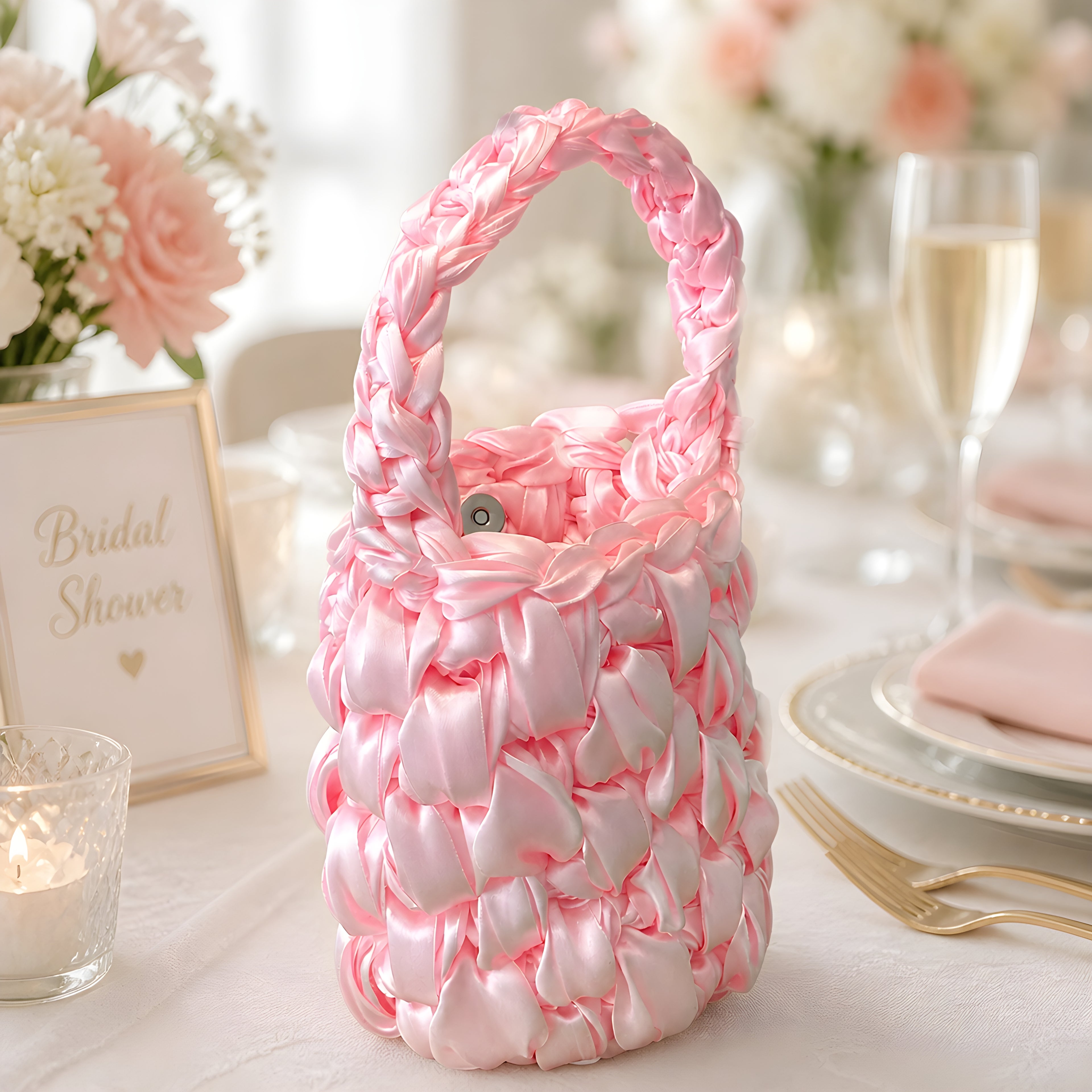 Dark rose SATIN CROCHET BAG on a table with floral decorations and glasses.
