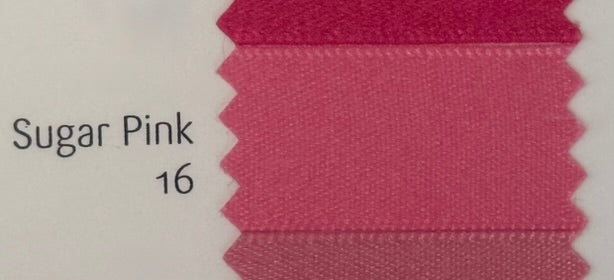 Fabric swatch labeled 'Sugar Pink 16' on a white background