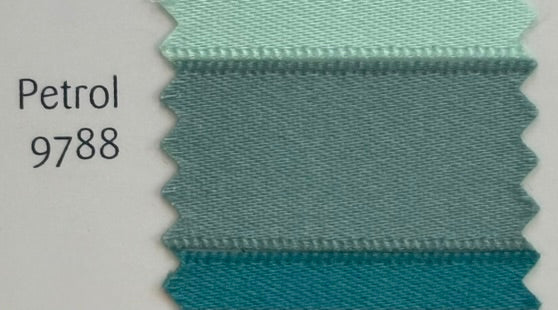 Narrow ribbon swatch in petrol color with code 9788 on a light gray background